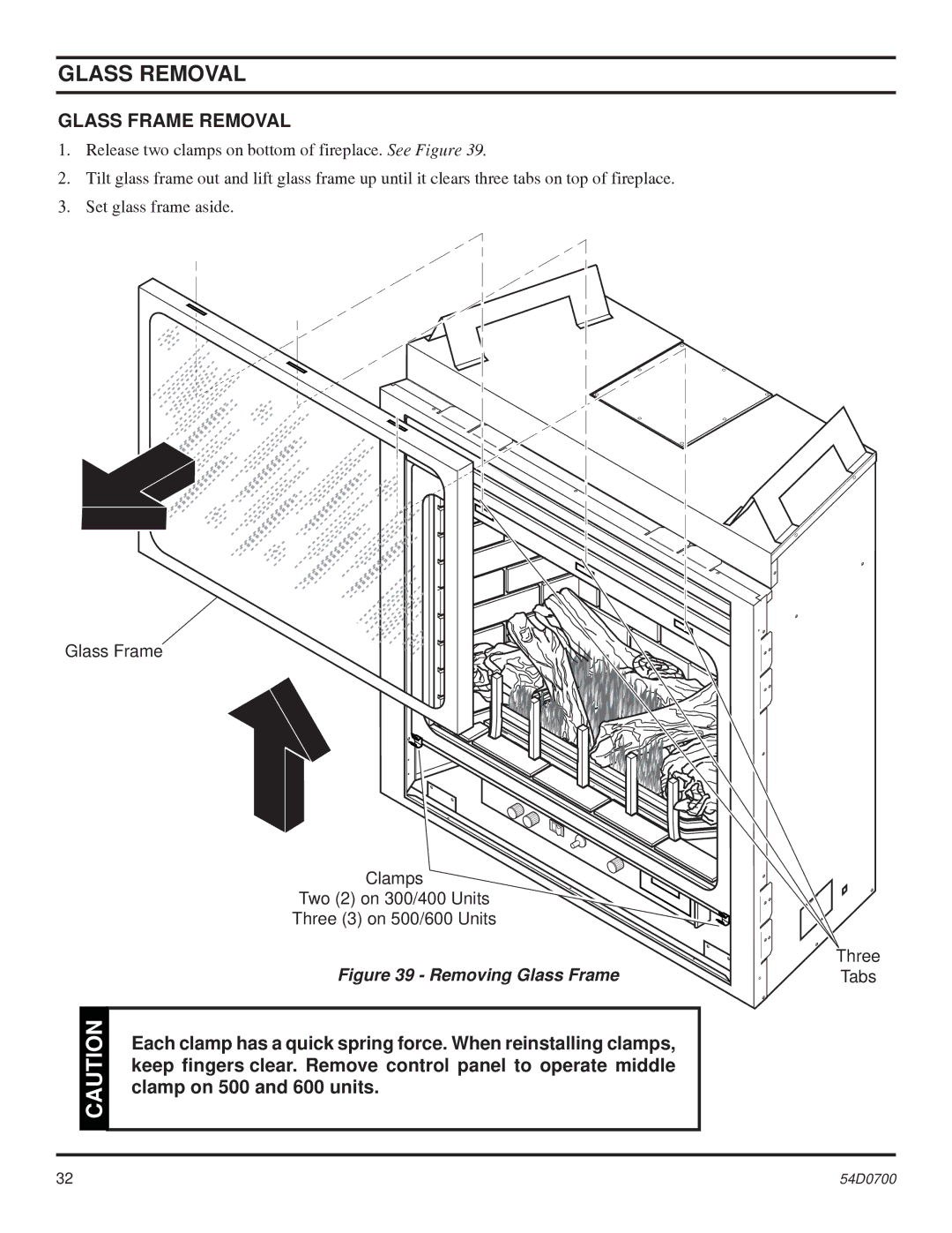 Monessen Hearth BDV600 Glass Removal, Glass Frame Removal, Keep ﬁngers clear. Remove control panel to operate middle 