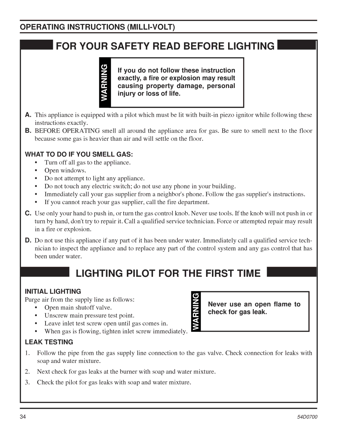 Monessen Hearth BDV300 Operating Instructions MILLI-VOLT, What to do if YOU Smell GAS, Initial Lighting, Leak Testing 