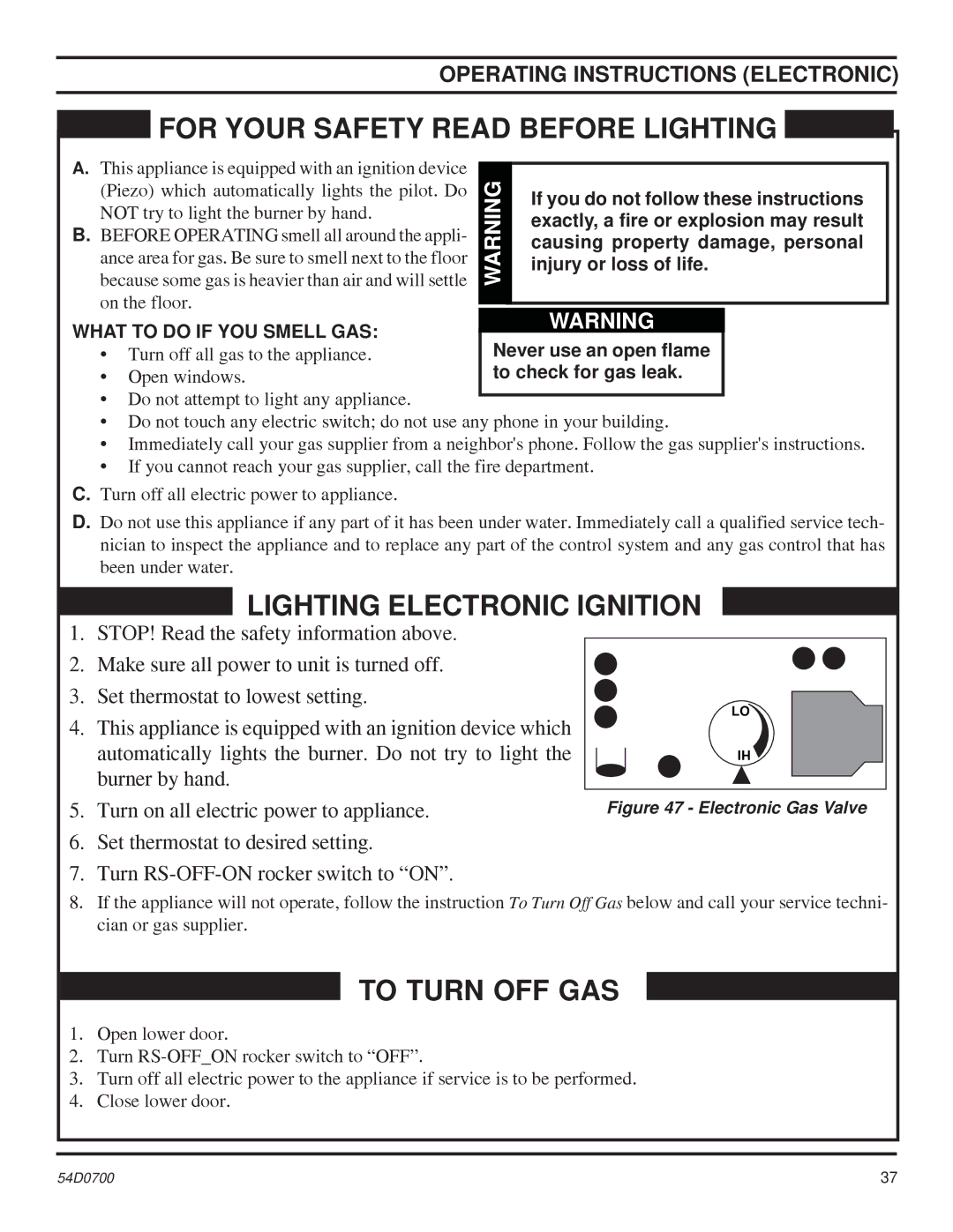 Monessen Hearth BDV500, BDV600, BDV300, BDV400 Lighting Electronic Ignition, Operating Instructions Electronic 