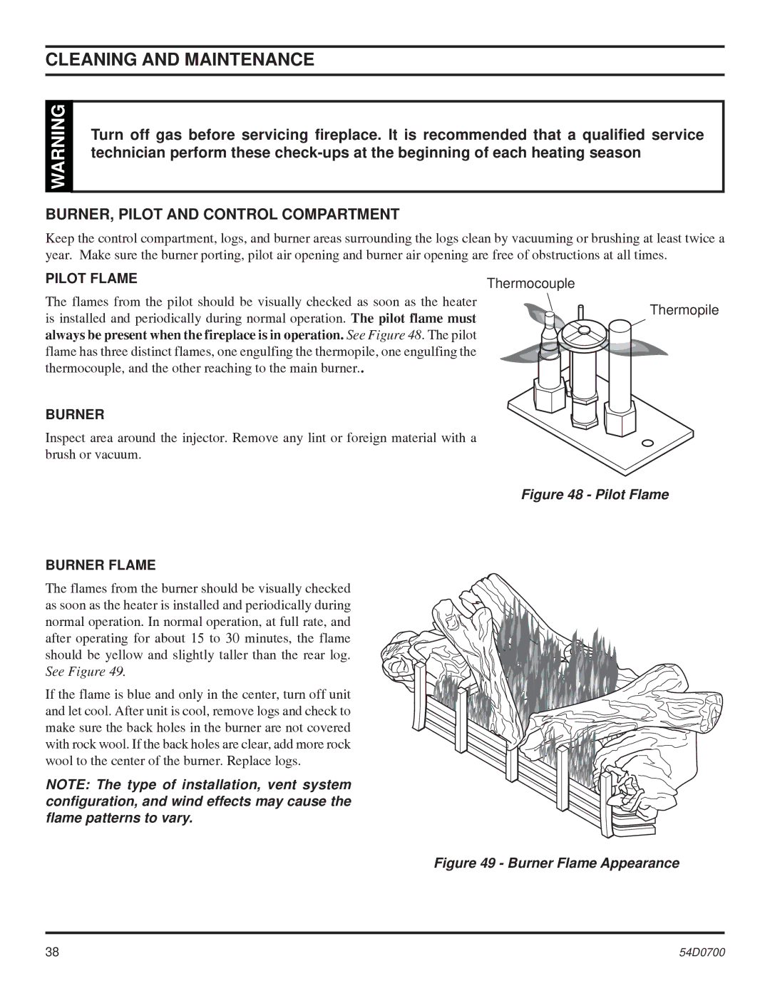 Monessen Hearth BDV300 Cleaning and Maintenance, BURNER, Pilot and Control Compartment, Pilot Flame, Burner Flame 