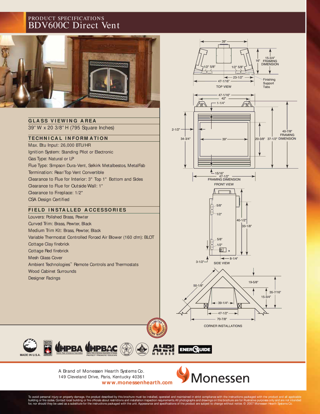 Monessen Hearth specifications BDV600C Direct Vent 