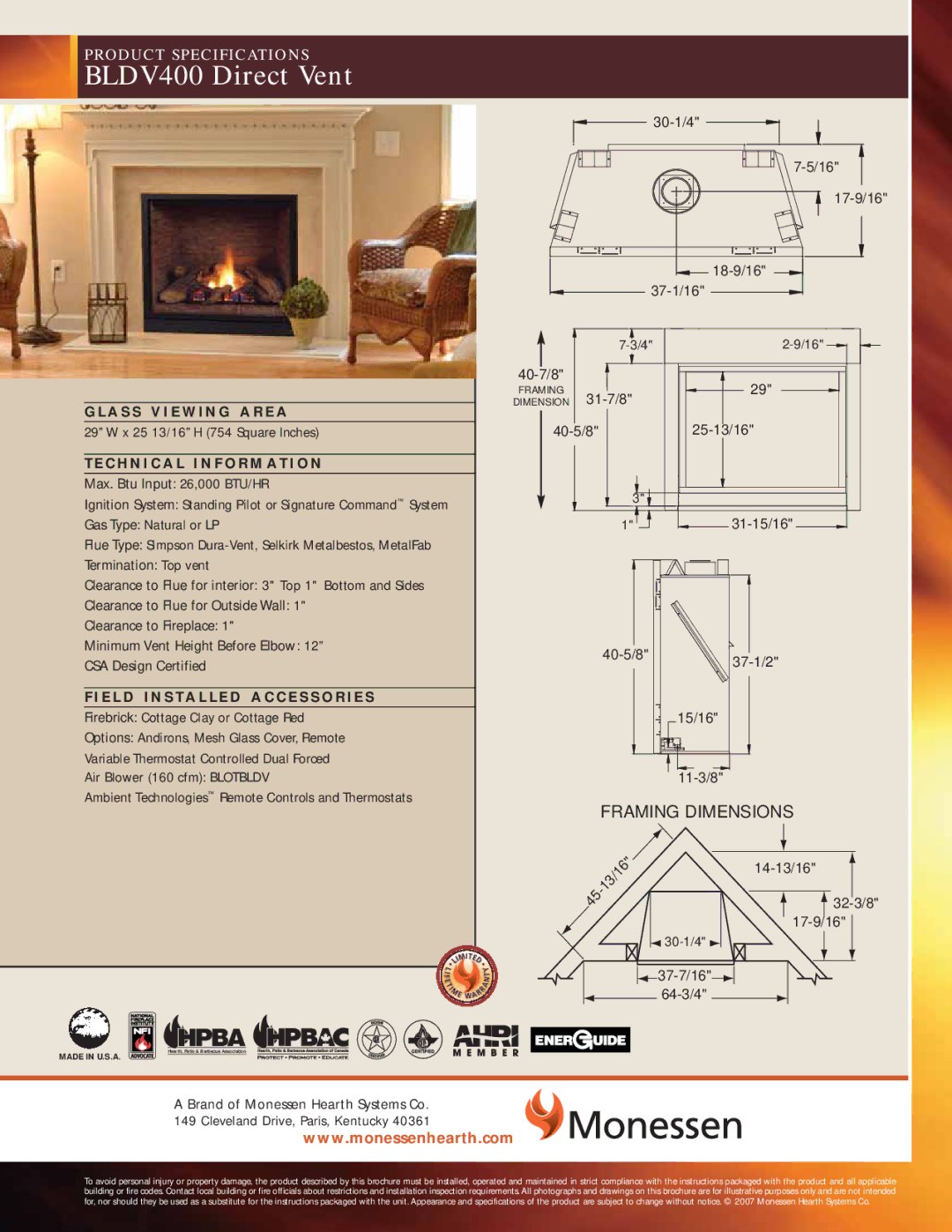 Monessen Hearth dimensions BLDV400 Direct Vent, Framing Dimensions 