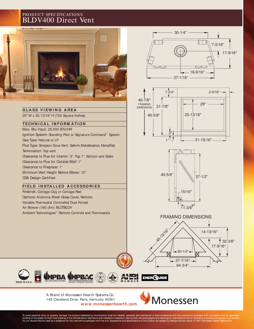 Monessen Hearth dimensions BLDV400 Direct Vent, Framing Dimensions, Product Specifications 