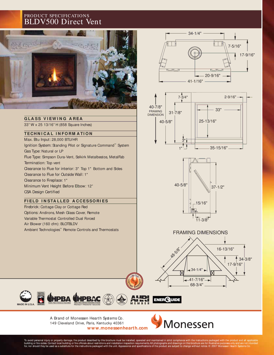 Monessen Hearth dimensions BLDV500 Direct Vent, Framing Dimensions 