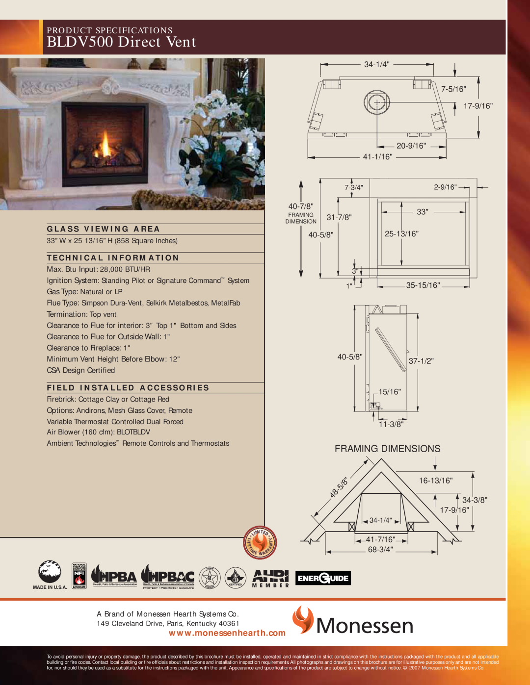 Monessen Hearth dimensions BLDV500 Direct Vent, Framing Dimensions, Product Specifications 