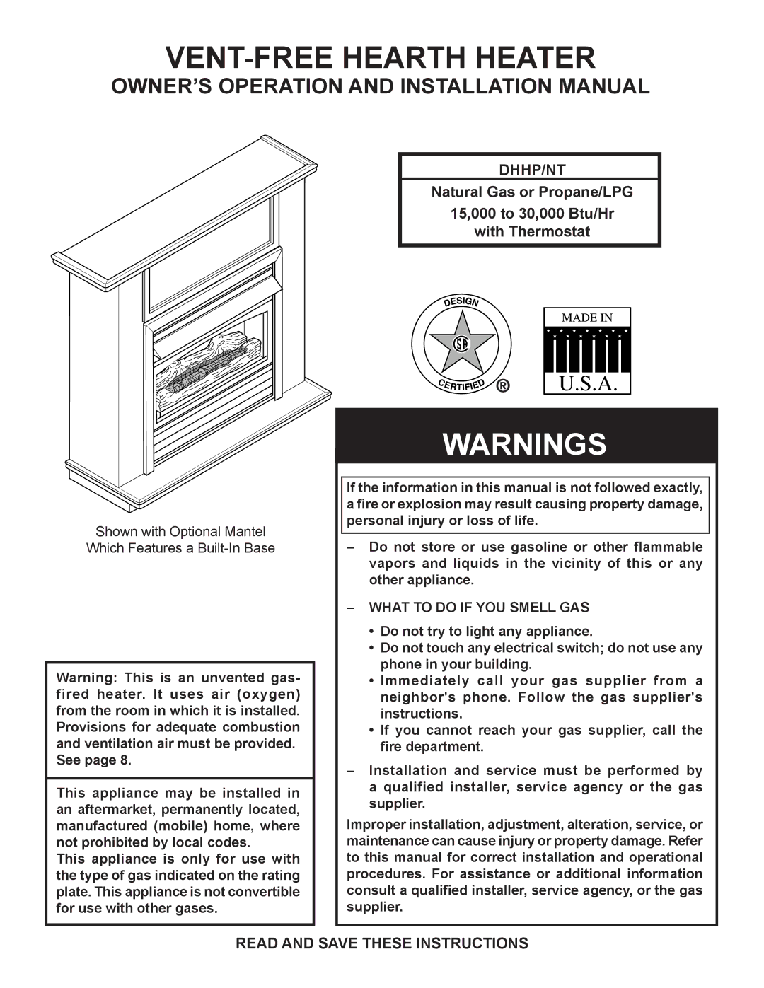 Monessen Hearth BTU/Hr installation manual Dhhp/Nt, Read and Save These Instructions, What to do if YOU Smell GAS 