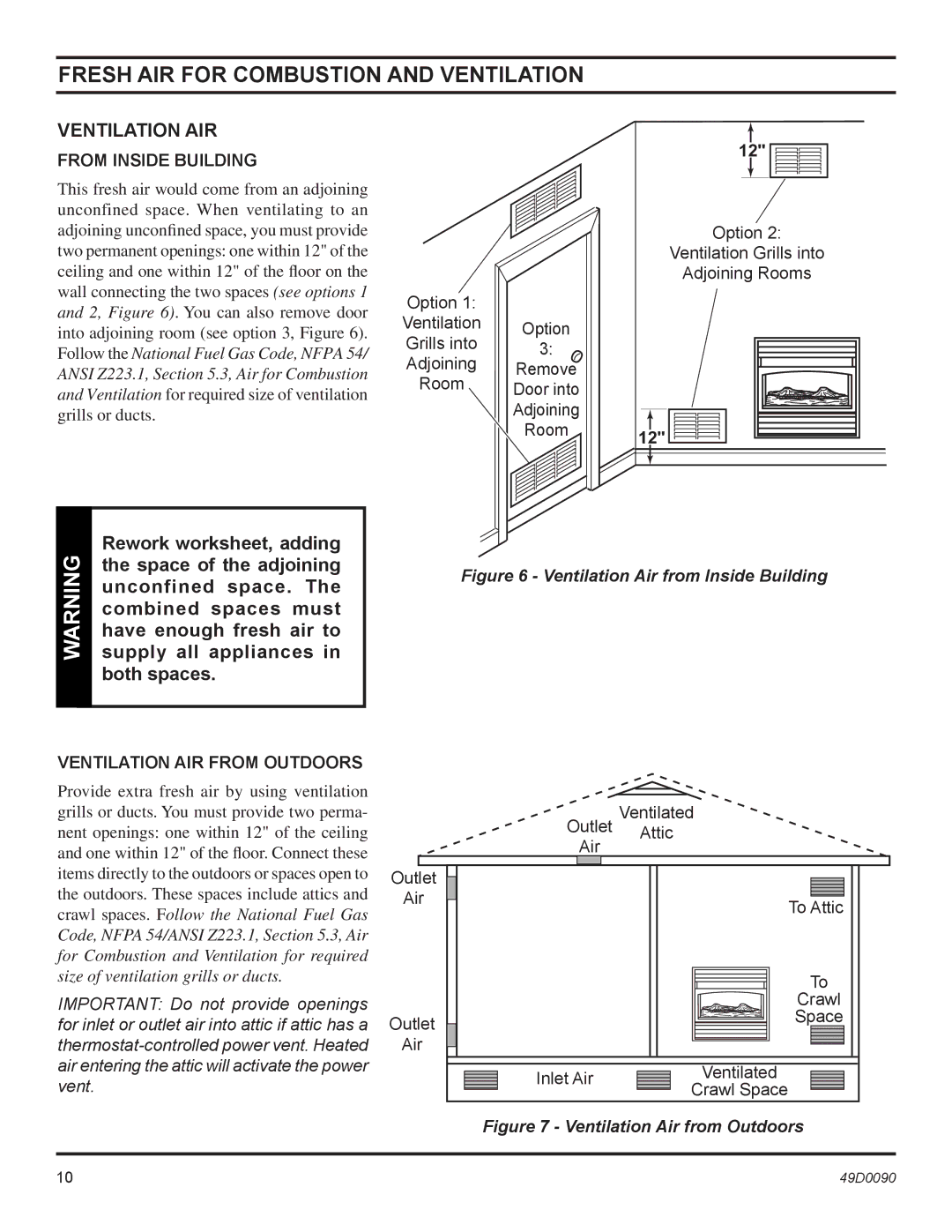 Monessen Hearth BTU/Hr installation manual From Inside Building, Ventilation AIR from Outdoors 