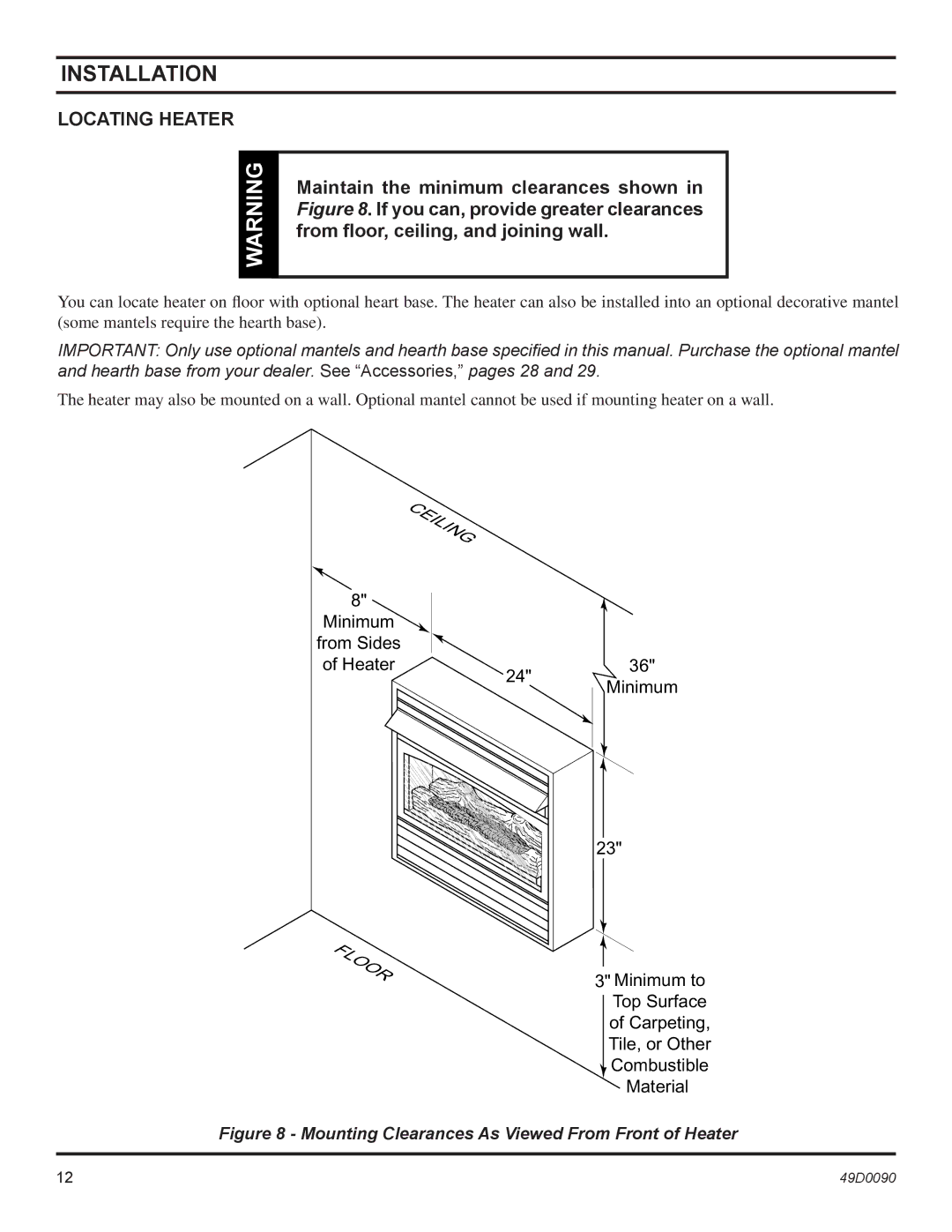 Monessen Hearth BTU/Hr installation manual Locating Heater, Mounting Clearances As Viewed From Front of Heater 