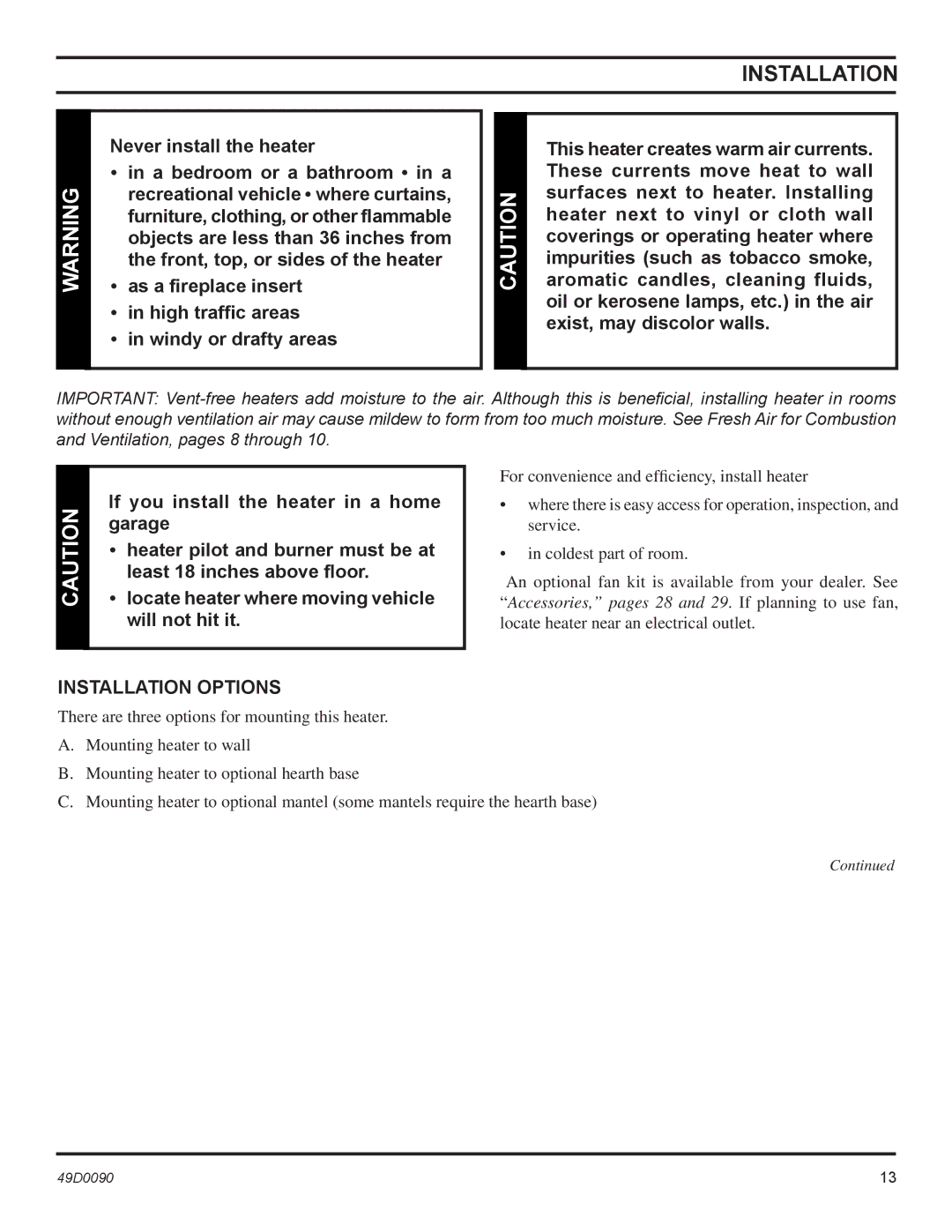 Monessen Hearth BTU/Hr installation manual Installation Options 