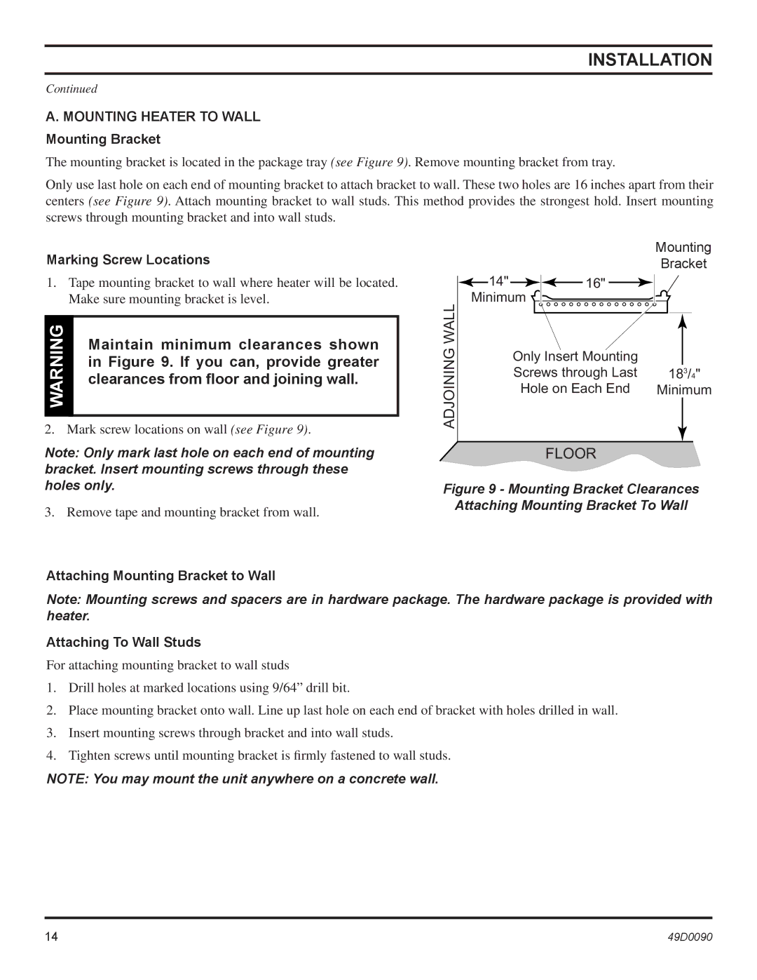 Monessen Hearth BTU/Hr Maintain minimum clearances shown, If you can, provide greater, Mounting Heater to Wall 