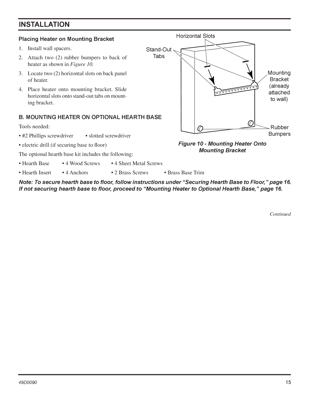 Monessen Hearth BTU/Hr installation manual Mounting Heater Onto Mounting Bracket 