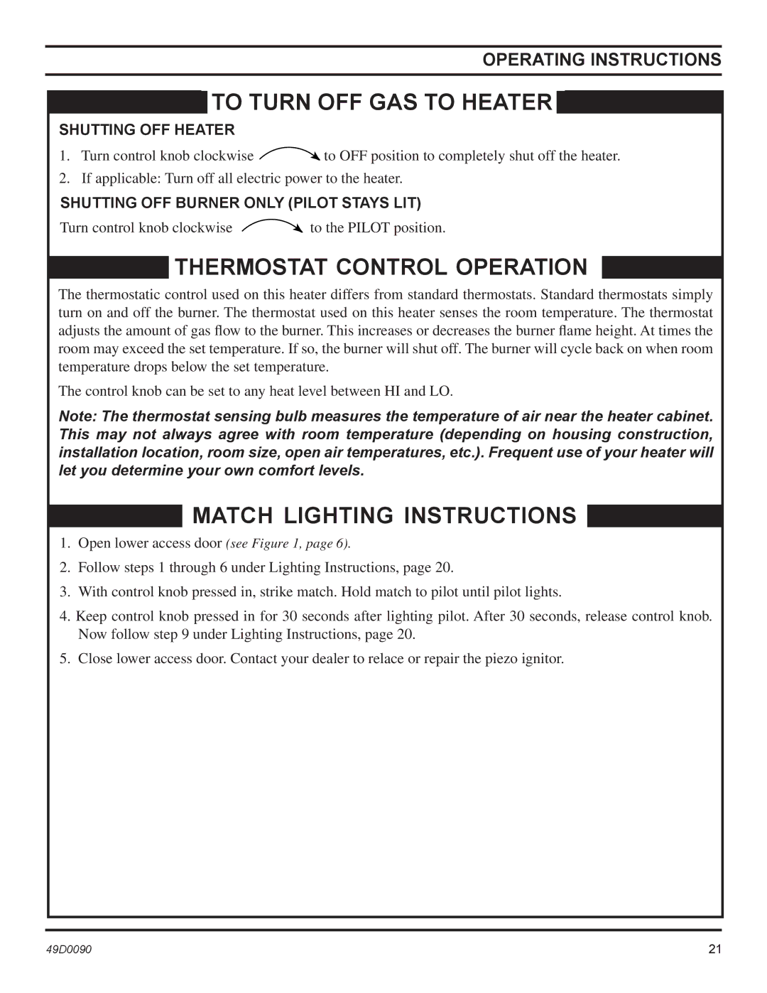 Monessen Hearth BTU/Hr installation manual Shutting OFF Heater, Shutting OFF Burner only Pilot Stays LIT 