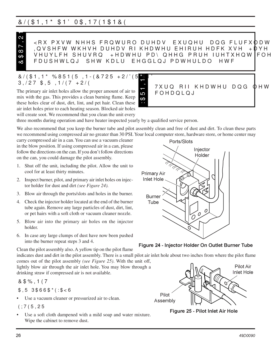 Monessen Hearth BTU/Hr Cleaning and Maintenance, Cleaning Burner Injector Holder Pilot AIR Inlet Hole, Cabinet 