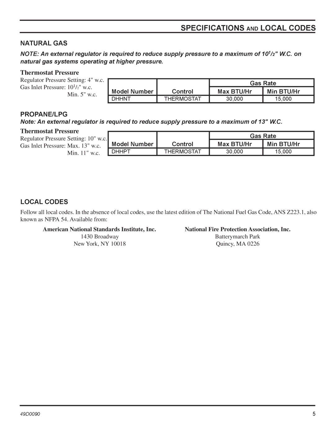 Monessen Hearth BTU/Hr installation manual Specifications and Local Codes, Natural GAS, Propane/Lpg 