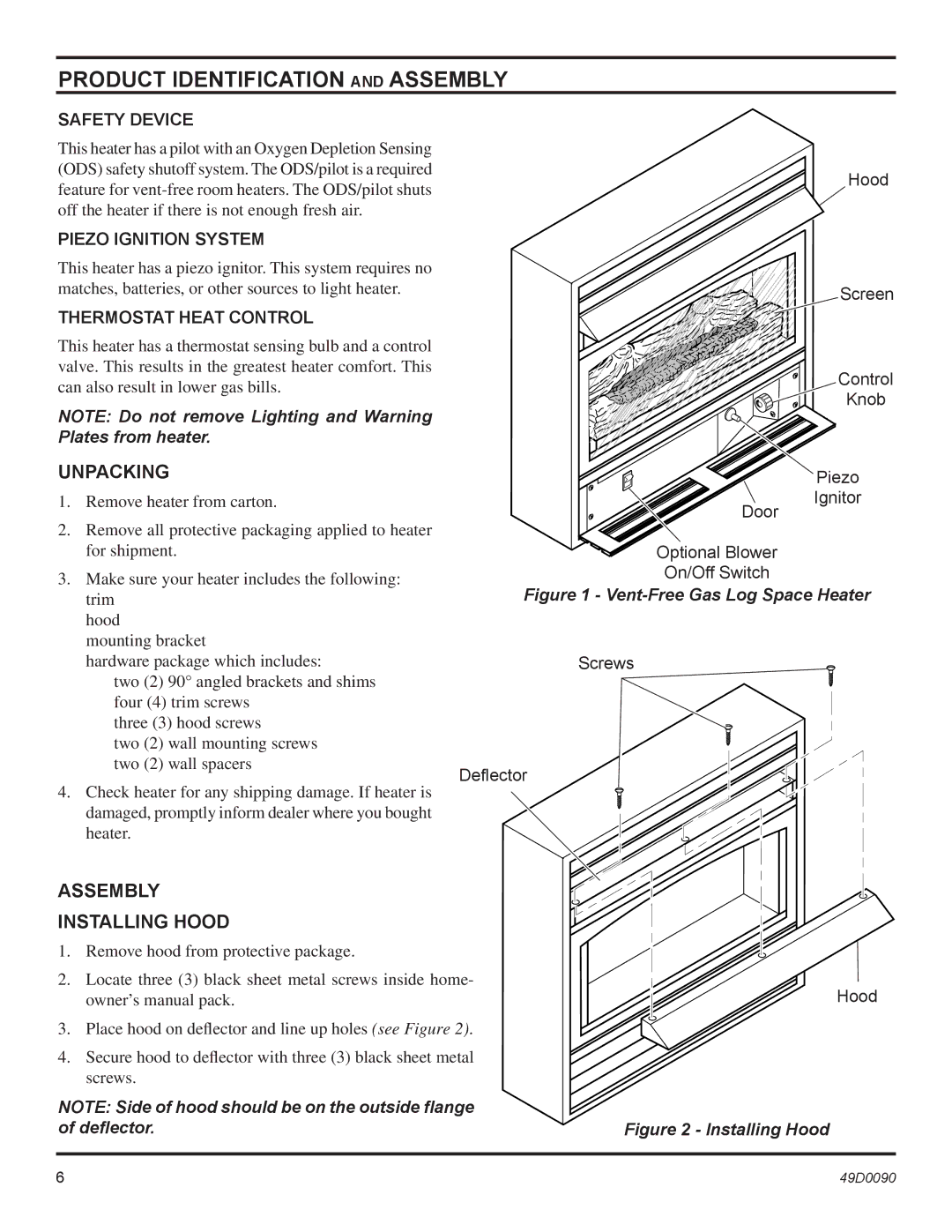 Monessen Hearth BTU/Hr installation manual Product Identification and Assembly, Unpacking, Assembly Installing Hood 