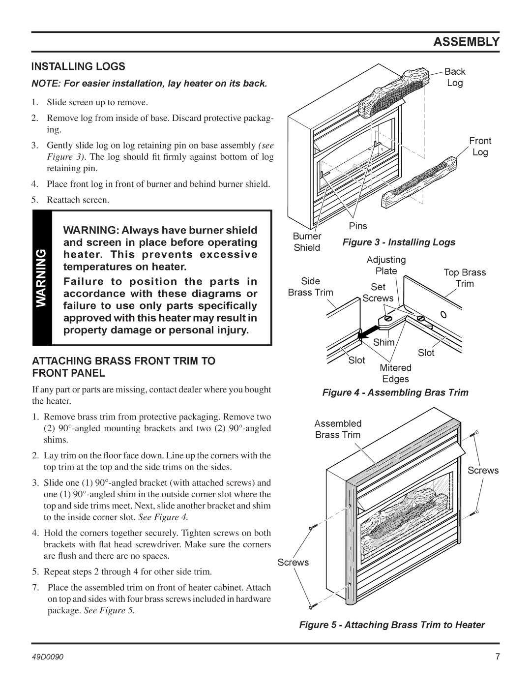 Monessen Hearth BTU/Hr installation manual Assembly, Installing Logs, Attaching Brass Front Trim to, Front Panel 