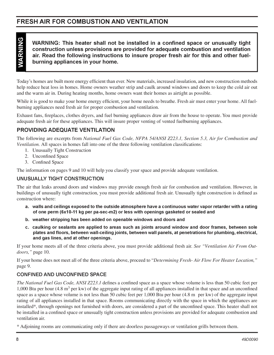 Monessen Hearth BTU/Hr installation manual Fresh AIR for Combustion and Ventilation, Providing Adequate Ventilation 