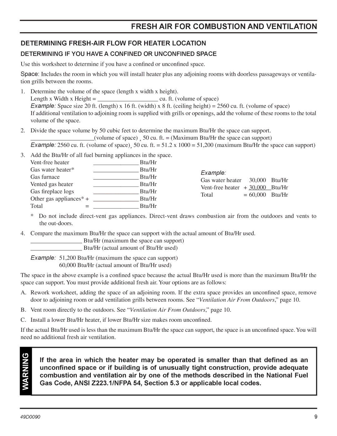 Monessen Hearth BTU/Hr installation manual Determining FRESH-AIR Flow for Heater Location 