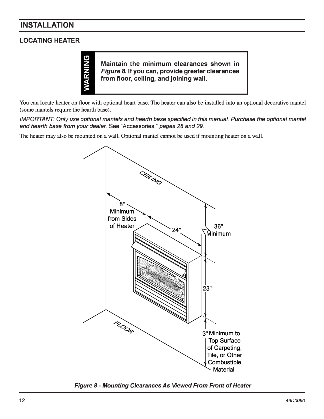 Monessen Hearth BTU/Hr installation manual Locating Heater, Installation 
