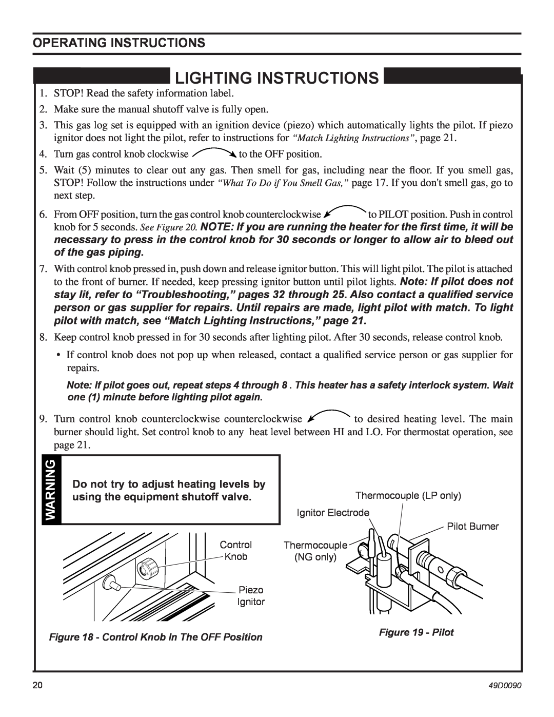 Monessen Hearth BTU/Hr Lighting Instructions, Do not try to adjust heating levels by, using the equipment shutoff valve 