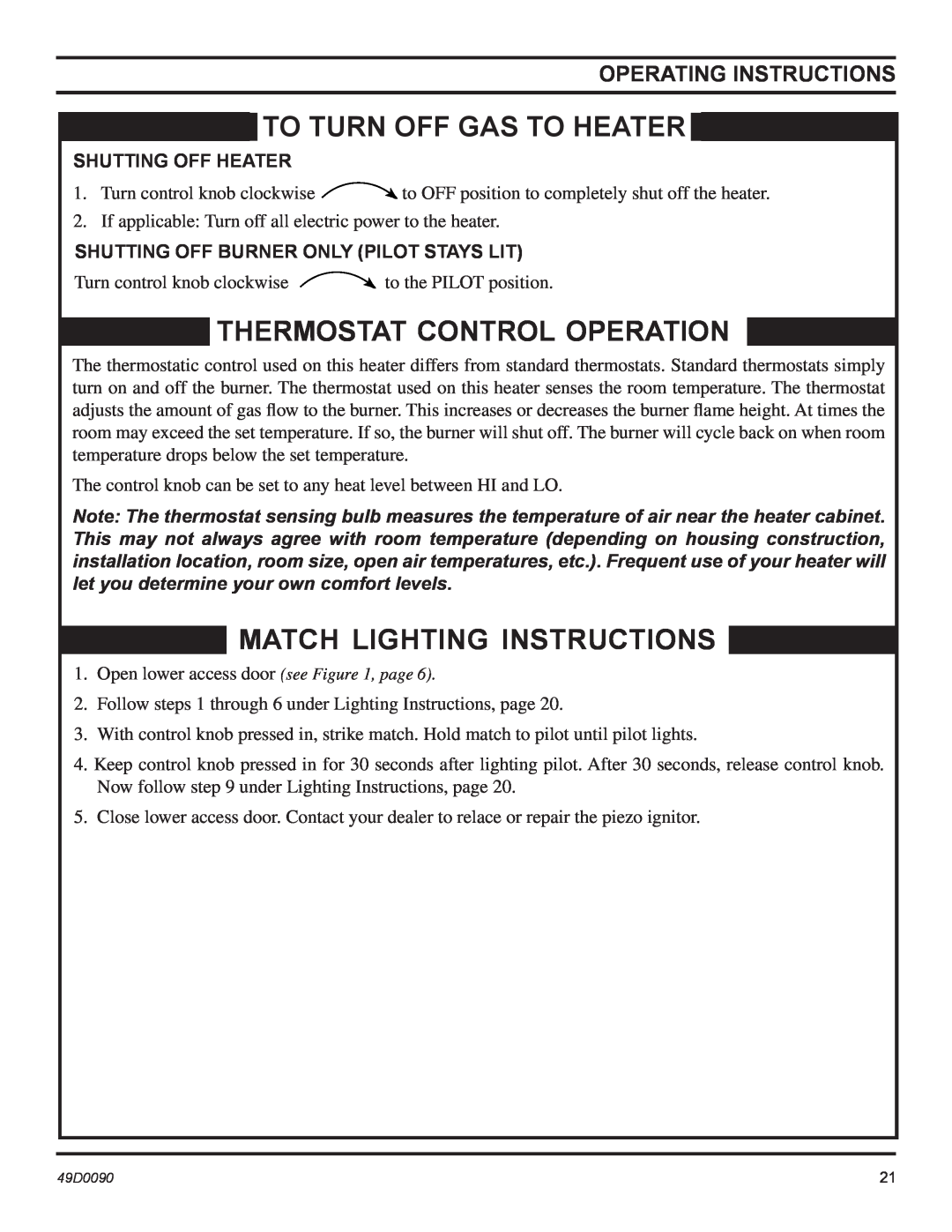 Monessen Hearth BTU/Hr To Turn Off Gas To Heater, Thermostat Control Operation, Match Lighting Instructions 