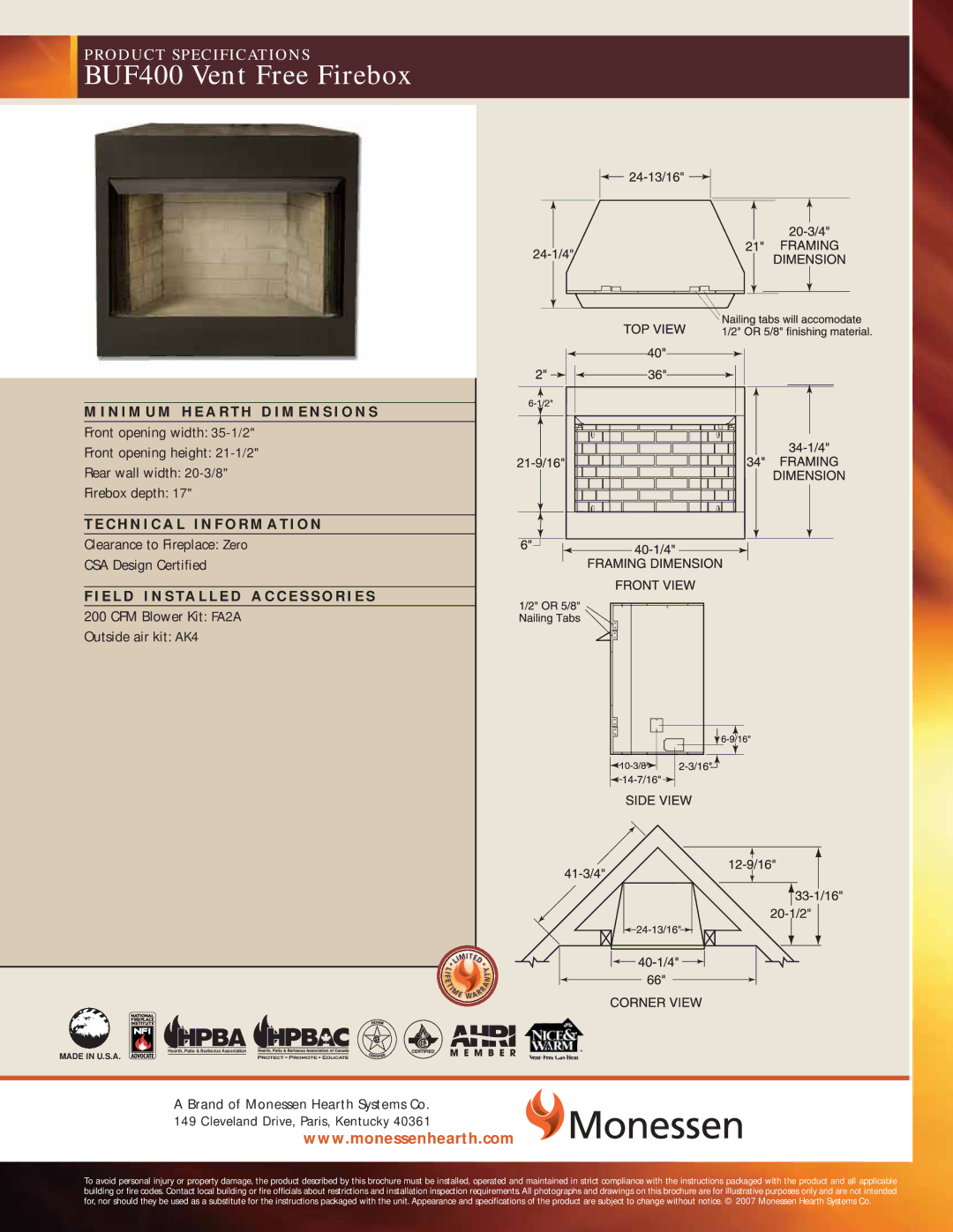 Monessen Hearth specifications BUF400 Vent Free Firebox, Clearance to Fireplace Zero CSA Design Certified 