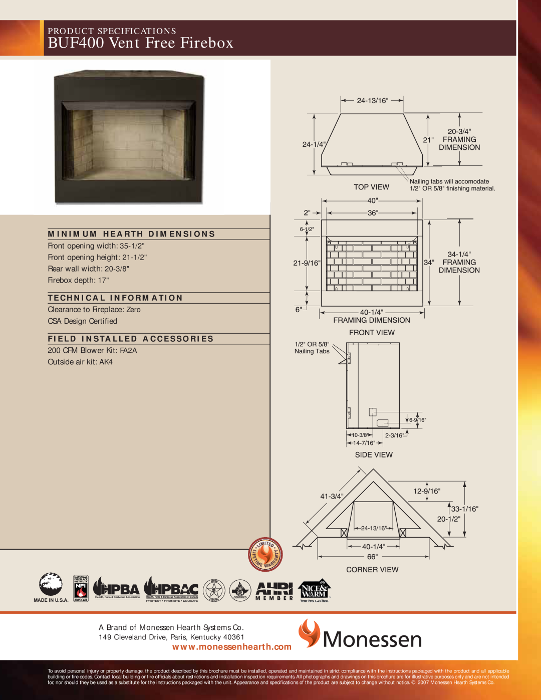 Monessen Hearth specifications BUF400 Vent Free Firebox, Product Specifications, Front opening width 35-1/2 