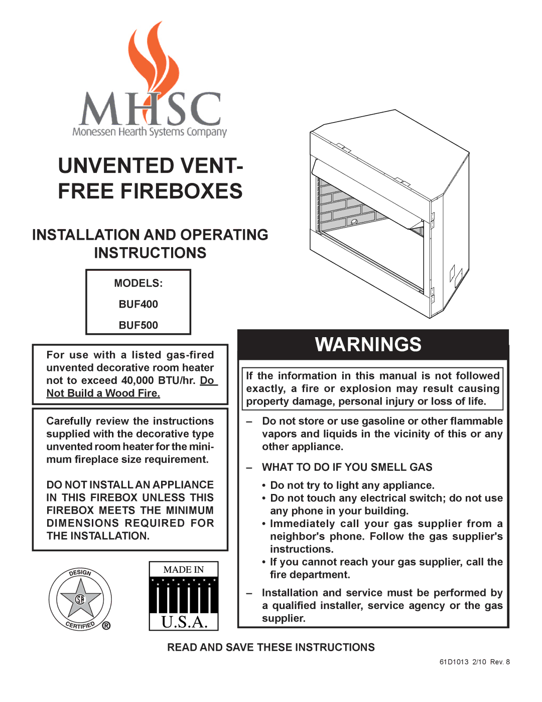 Monessen Hearth BUF400, BUF500 manual Models, What to do if YOU Smell GAS, Read and Save These Instructions 