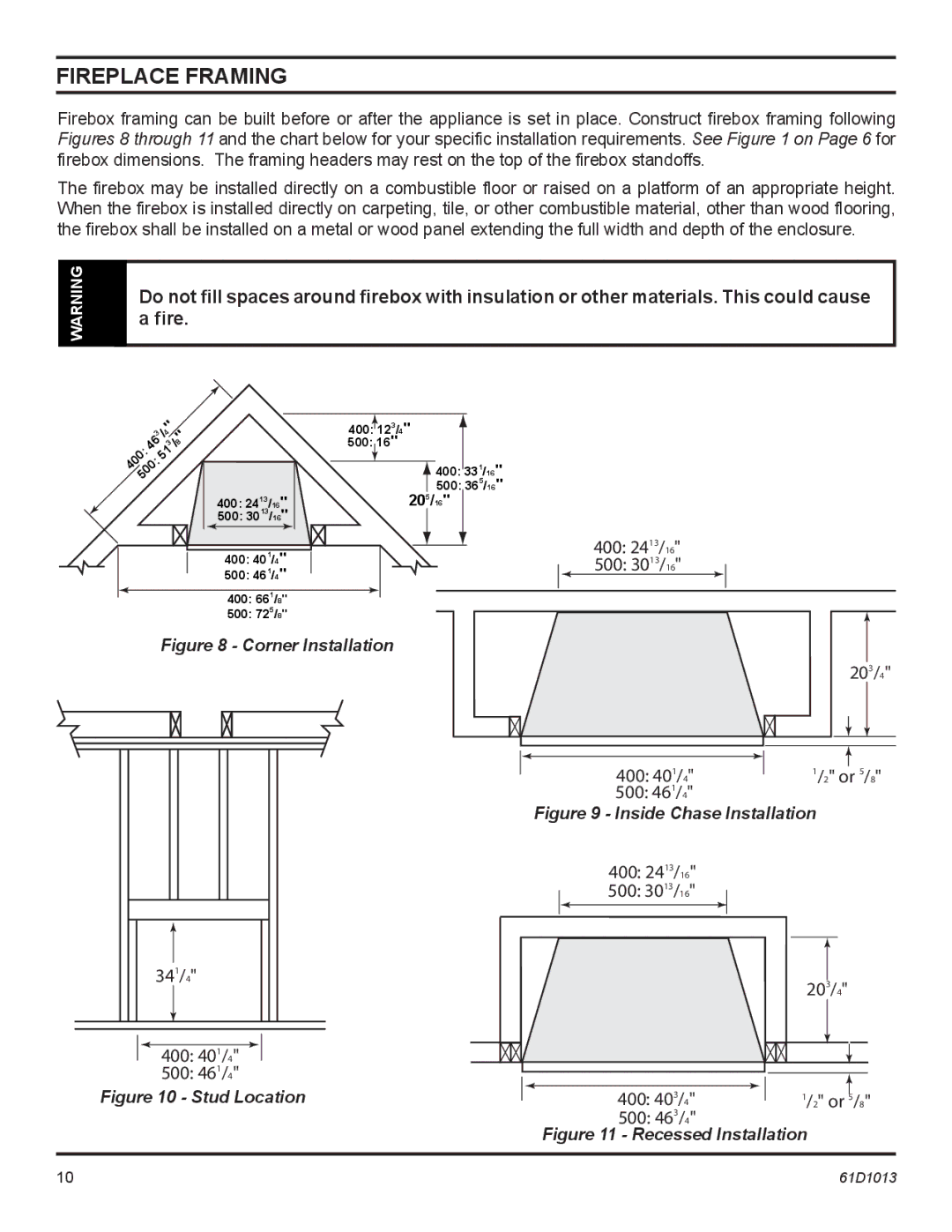 Monessen Hearth BUF500, BUF400 manual Fireplace framing, Corner Installation 