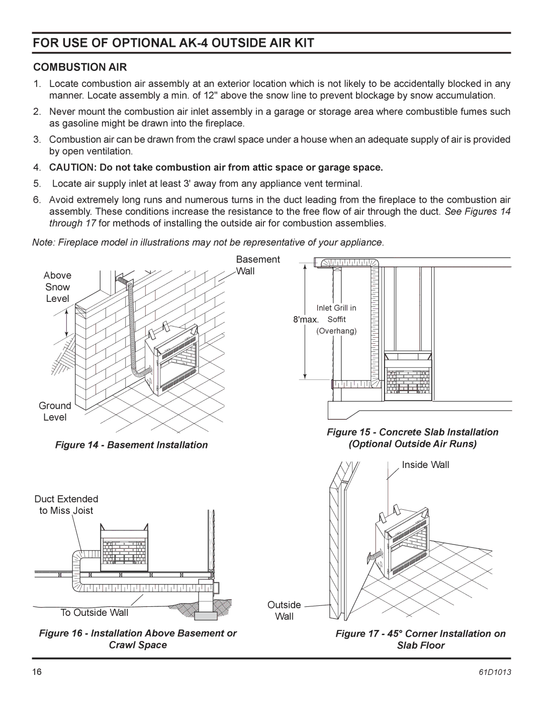 Monessen Hearth BUF500, BUF400 manual For use of optional ak-4 outside air kit, Combustion Air 