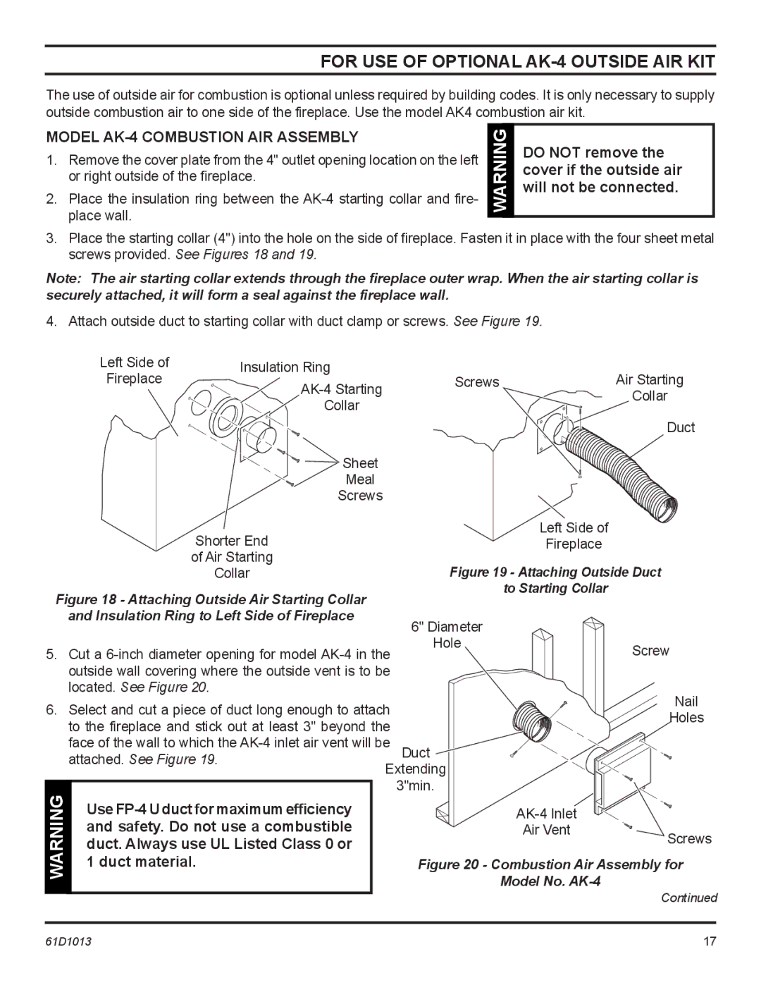 Monessen Hearth BUF400, BUF500 manual Model AK-4 Combustion Air Assembly, Safety. Do not use a combustible, Duct material 