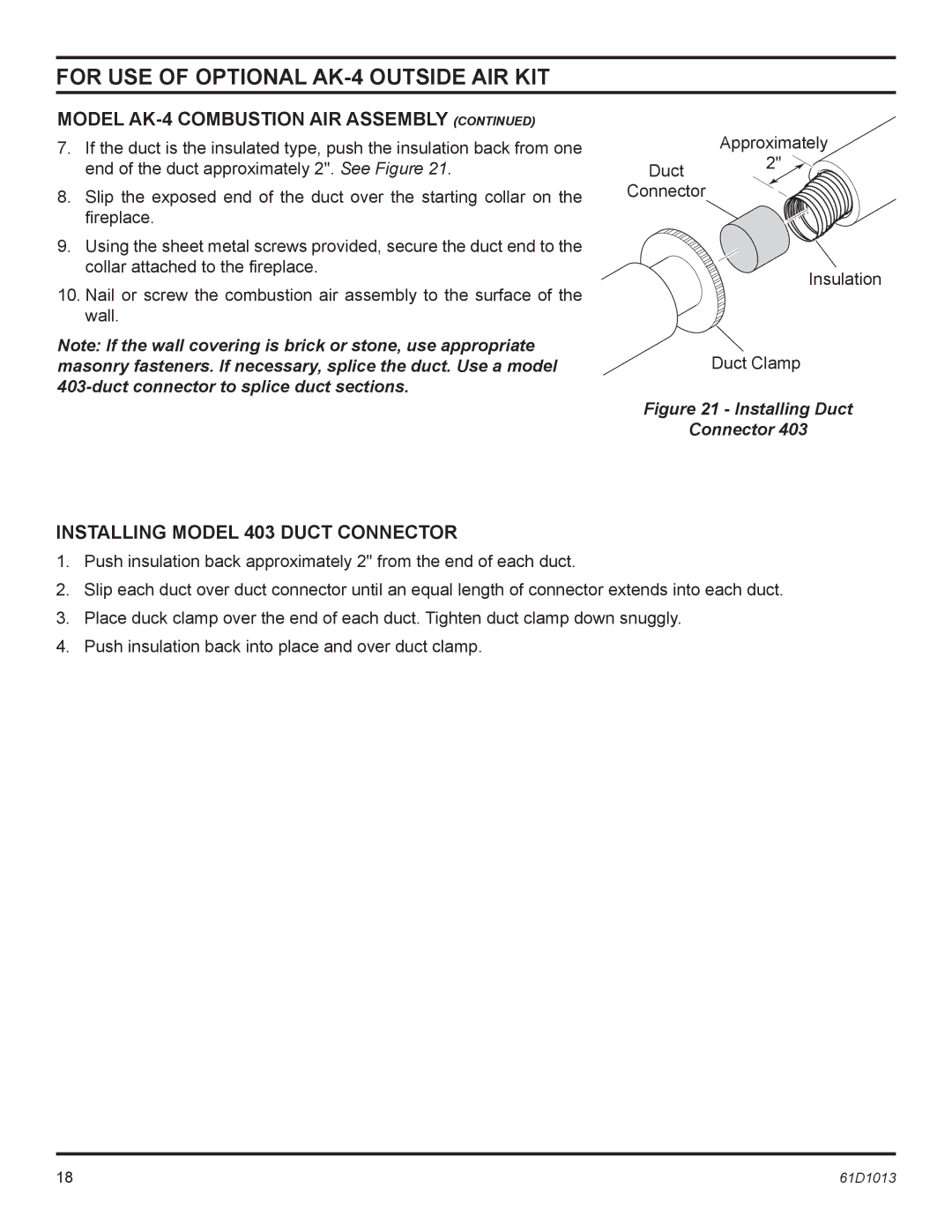 Monessen Hearth BUF500, BUF400 manual Installing model 403 duct connector, Installing Duct Connector 