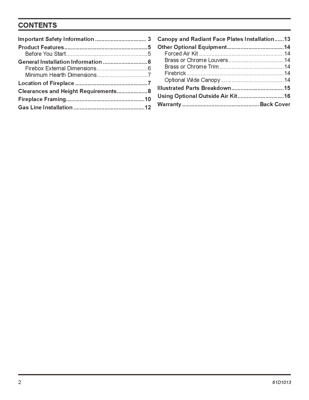 Monessen Hearth BUF500, BUF400 manual Contents 