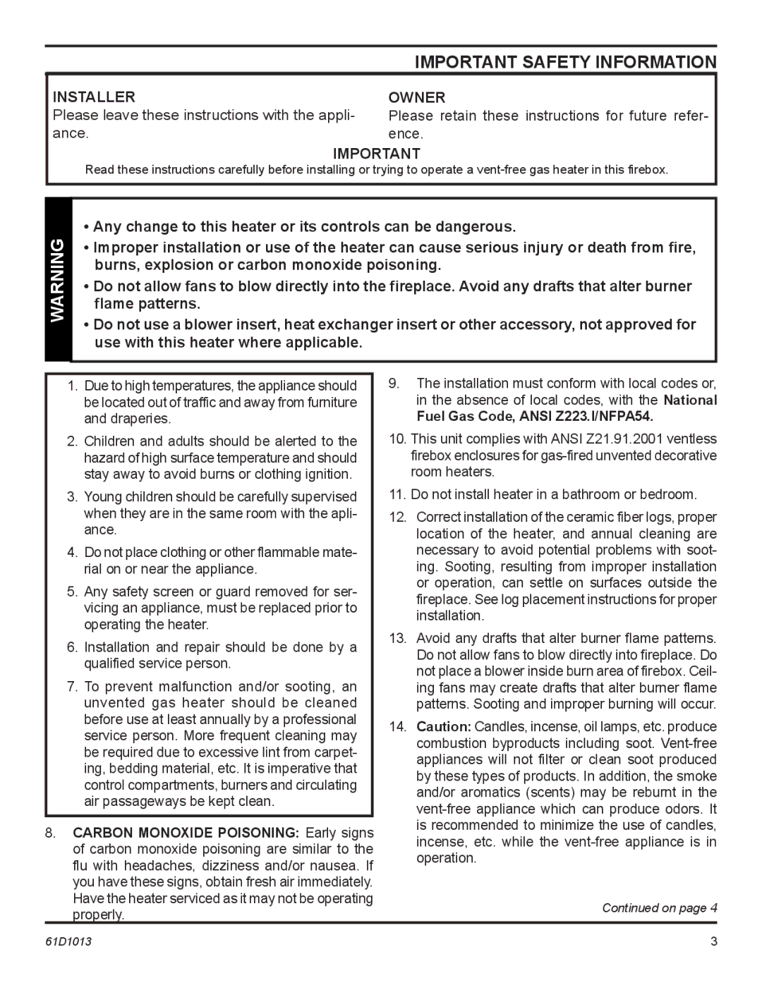 Monessen Hearth BUF400, BUF500 manual Important Safety Information, Owner 