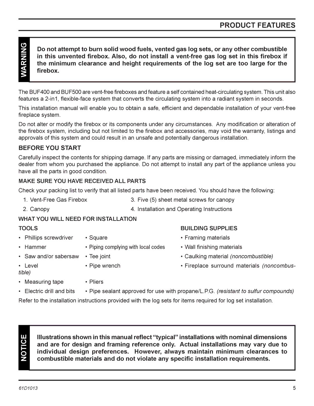 Monessen Hearth BUF400, BUF500 manual Product features, Before YOU Start 