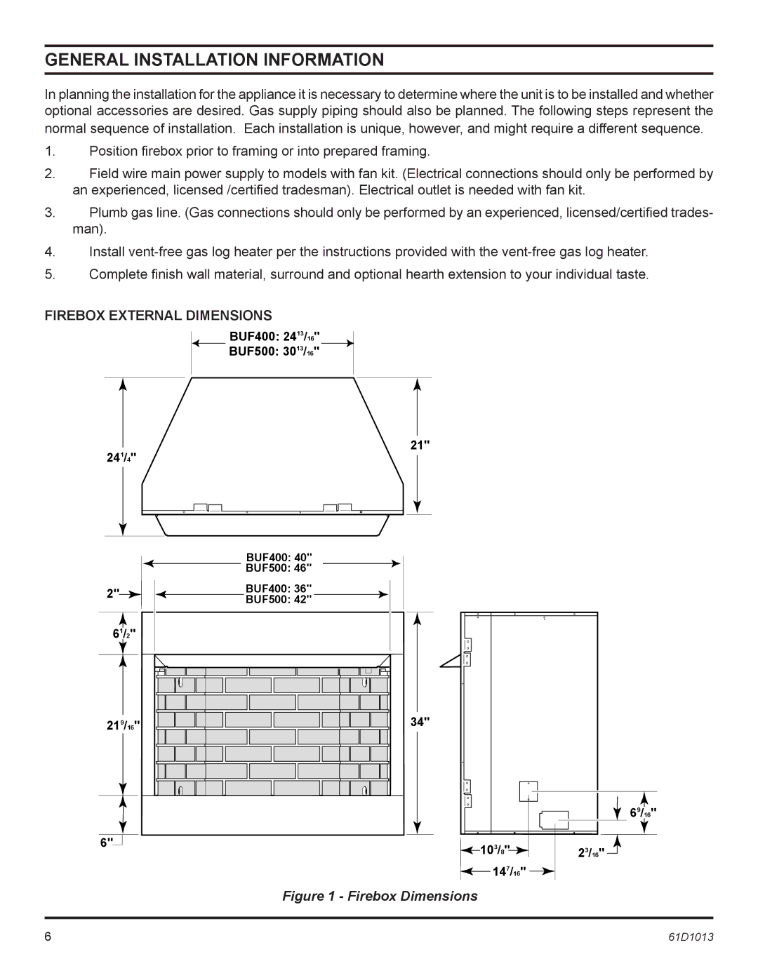 Monessen Hearth BUF500, BUF400 manual General Installation Information 