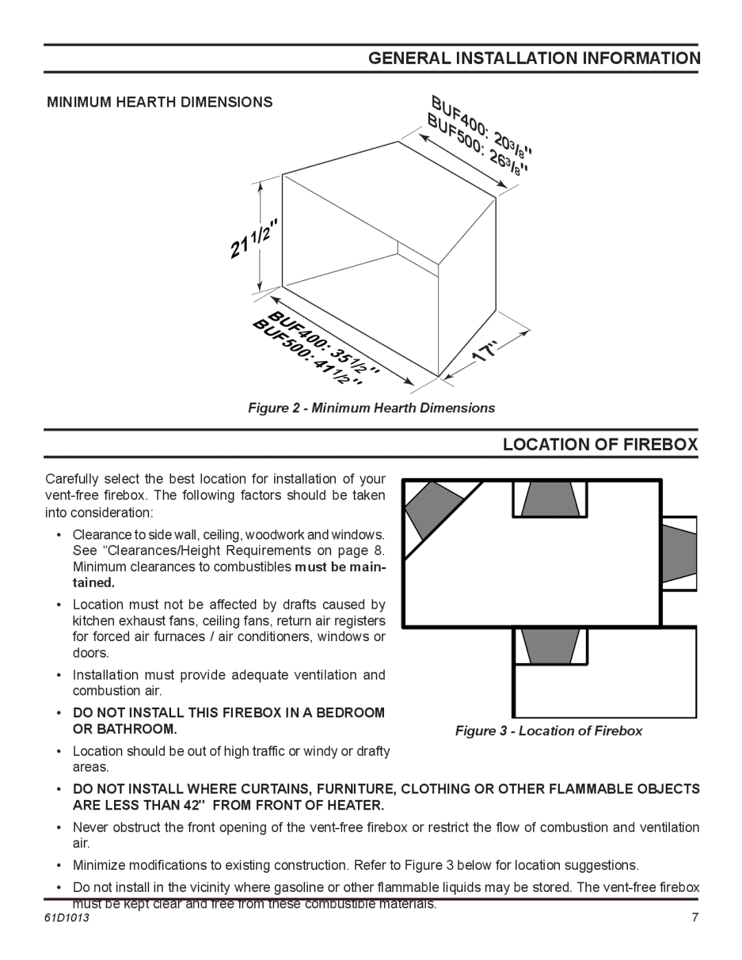 Monessen Hearth BUF400, BUF500 manual Location of firebox, Minimum Hearth Dimensions 