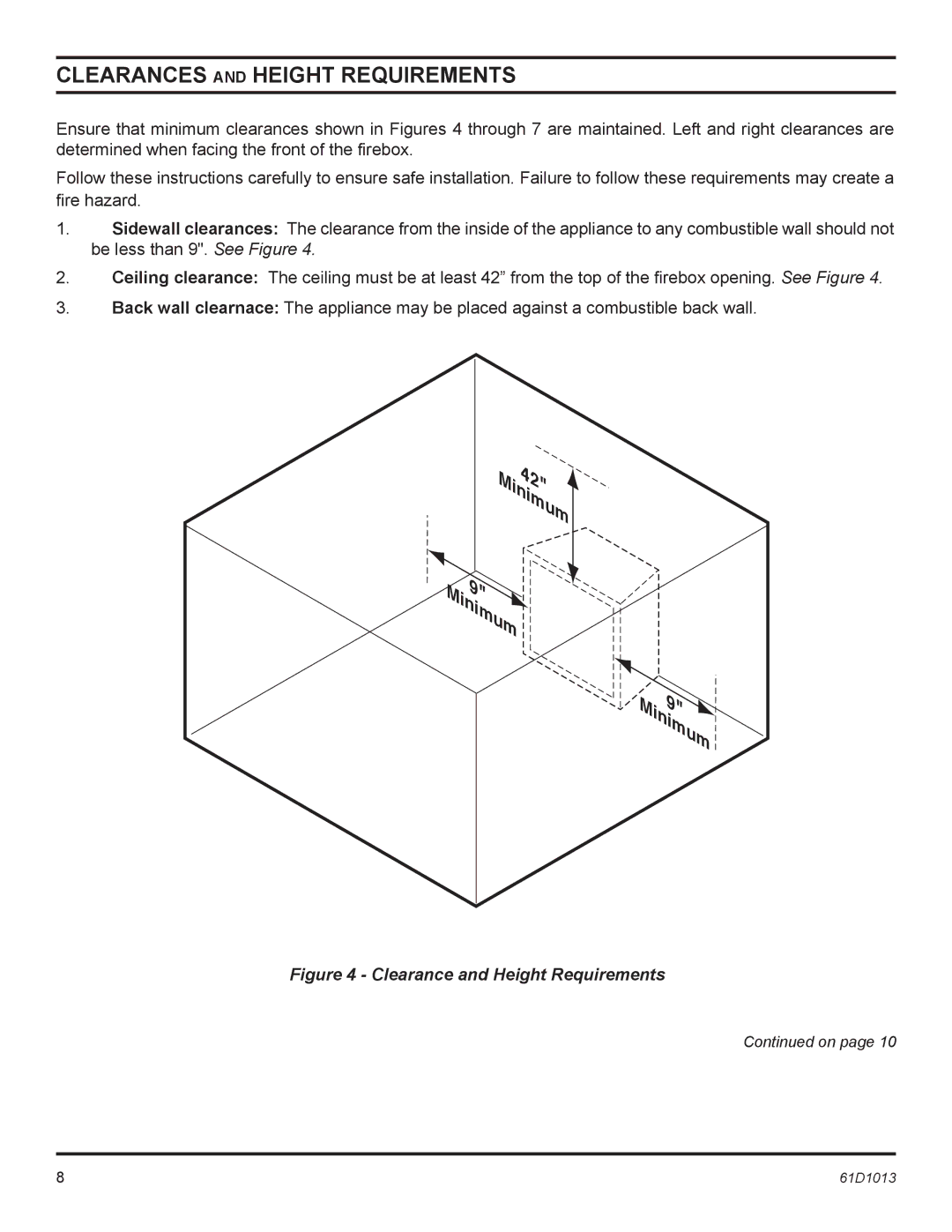 Monessen Hearth BUF500, BUF400 manual Minimum42 Minimum9, Clearances and Height Requirements 