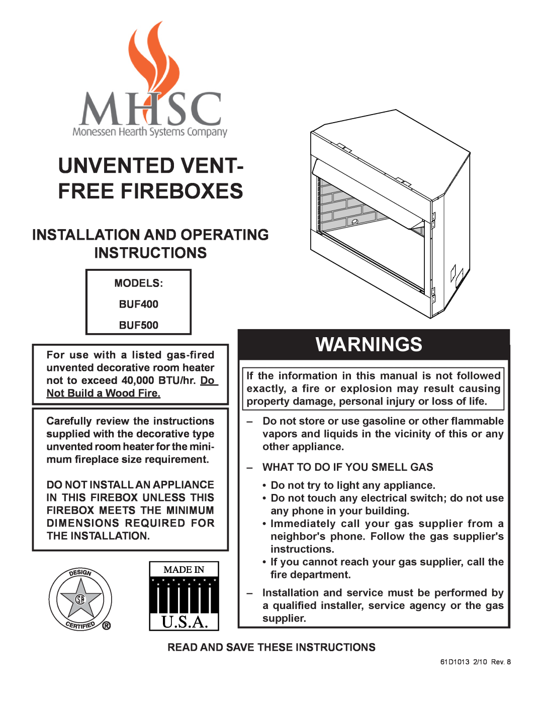 Monessen Hearth BUF400, BUF500 manual Unvented Vent, Free Fireboxes, Warnings, Installation And Operating, Instructions 