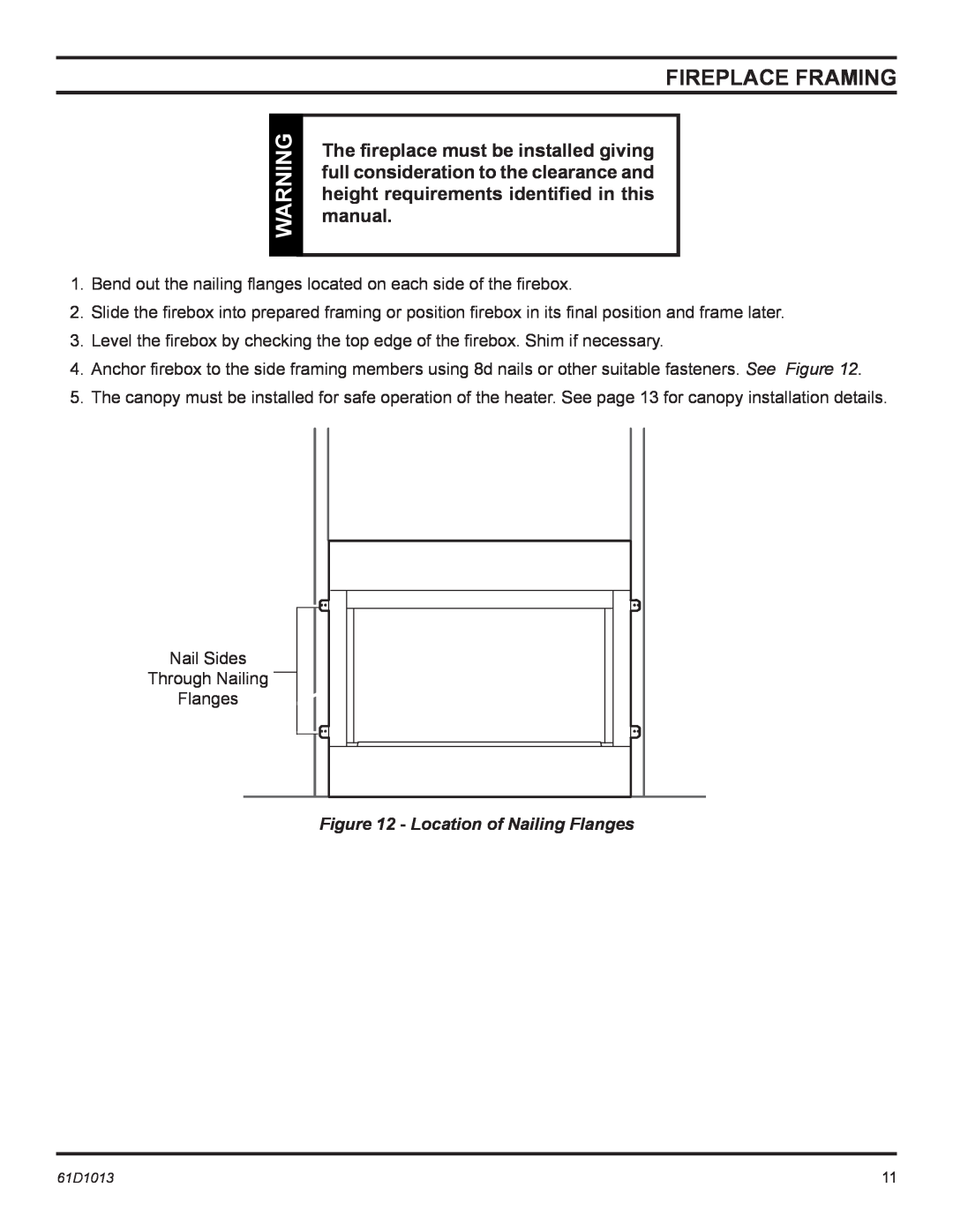 Monessen Hearth BUF400, BUF500 manual fireplace framing, Location of Nailing Flanges 