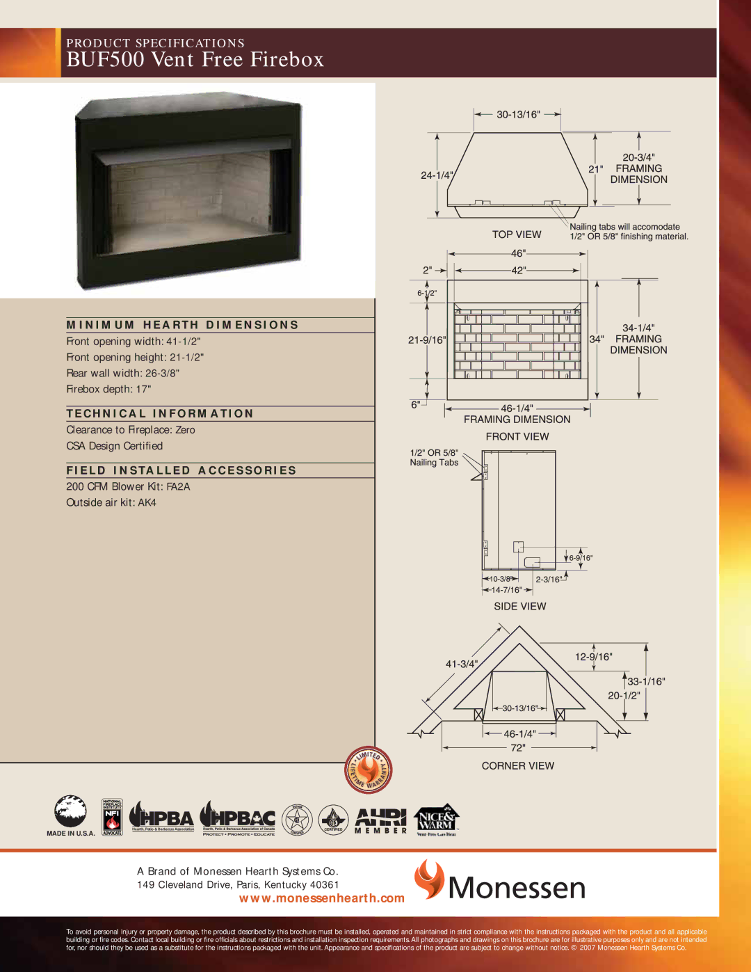 Monessen Hearth specifications BUF500 Vent Free Firebox, Clearance to Fireplace Zero CSA Design Certified 