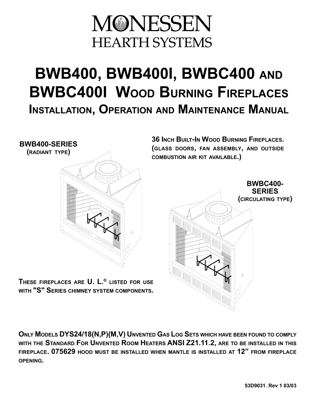 Monessen Hearth BWBC400I, BWB400I manual BWB400-SERIES, Series 