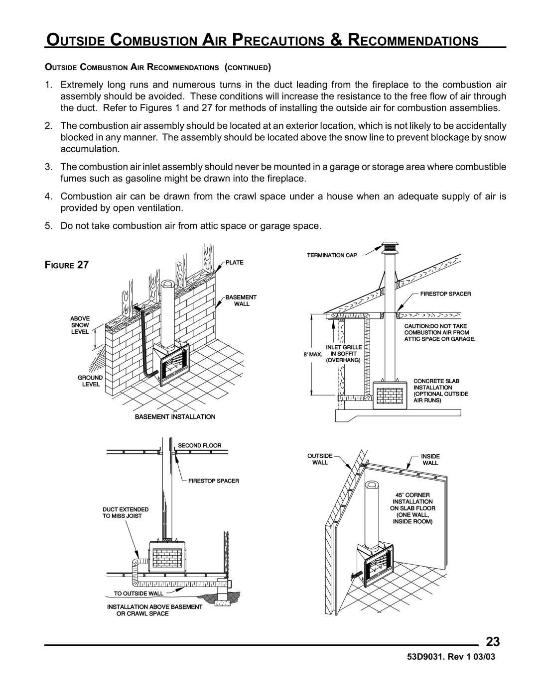 Monessen Hearth BWB400I, BWBC400I manual Outside Combustion AIR Precautions & Recommendations, Basement Installation 