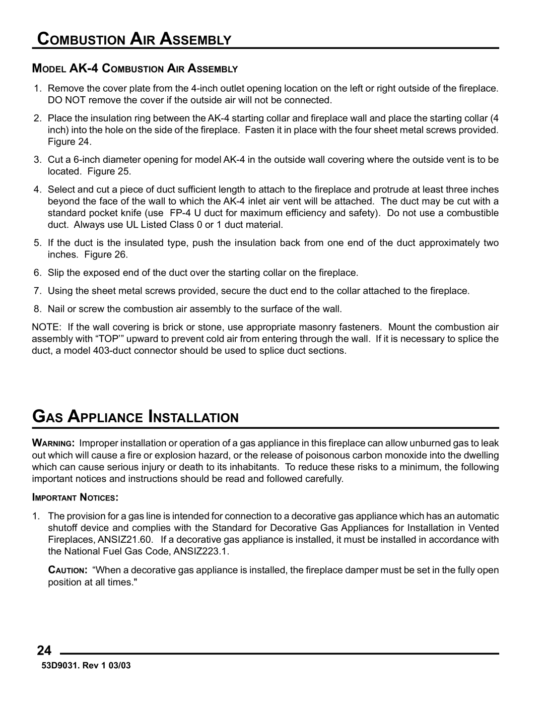 Monessen Hearth BWBC400I, BWB400I manual Combustion AIR Assembly, GAS Appliance Installation 