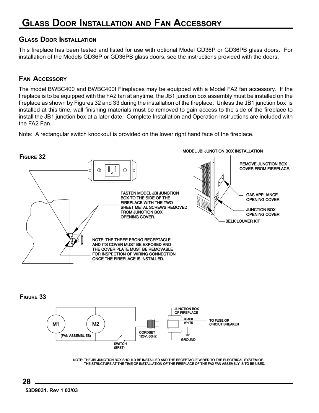 Monessen Hearth BWBC400I, BWB400I manual Glass Door Installation and FAN Accessory 