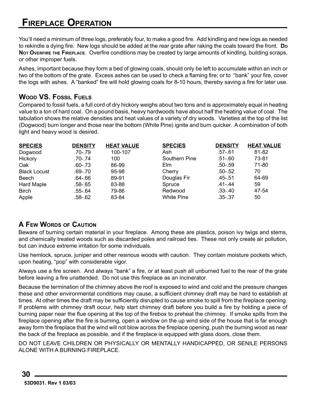 Monessen Hearth BWBC400I, BWB400I manual Species Density Heat Value 