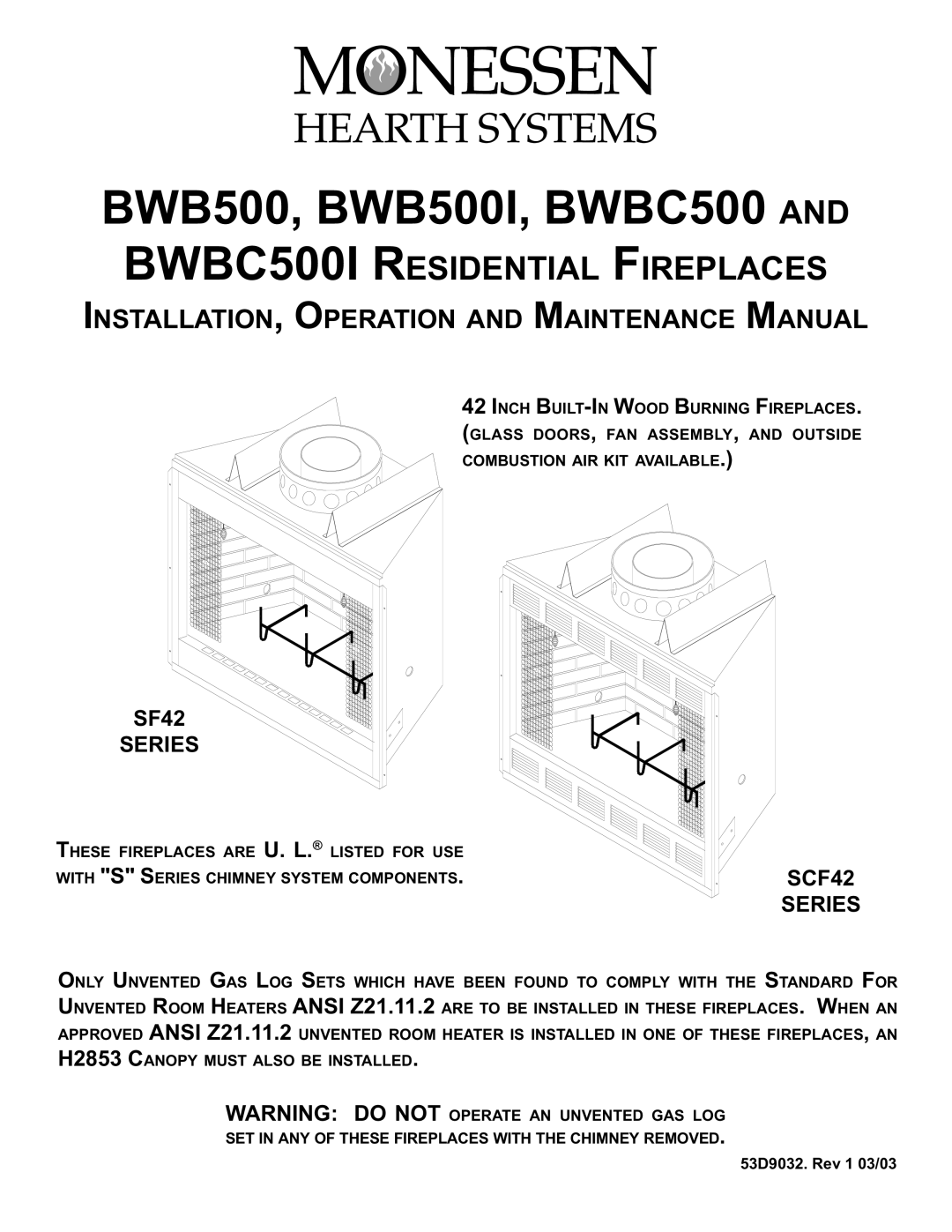 Monessen Hearth BWBC400I, BWB400I manual BWB500, BWB500I, BWBC500 