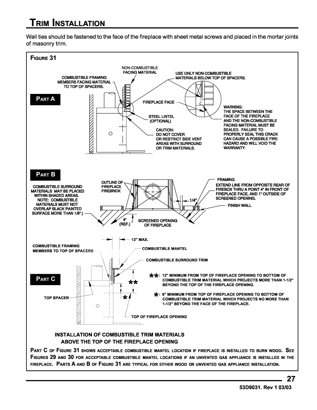 Monessen Hearth BWB400I, BWBC400I manual Trim Installation, Part A, Part B, Part C 