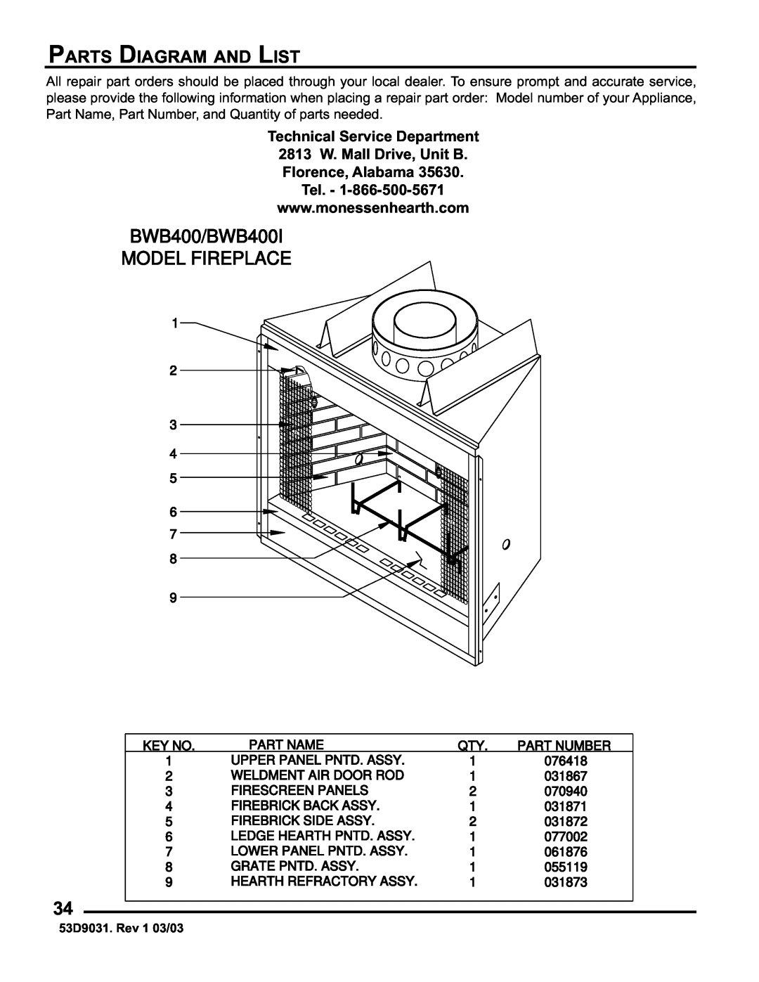 Monessen Hearth BWBC400I manual Parts Diagram And List, BWB400/BWB400I MODEL FIREPLACE 