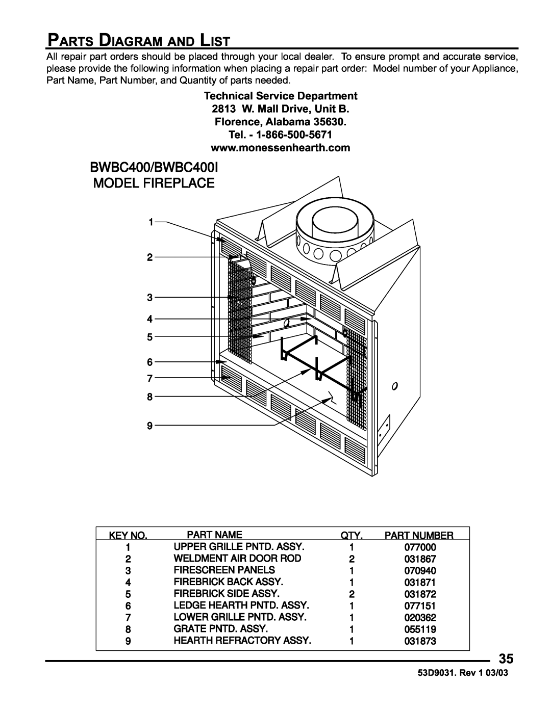 Monessen Hearth BWB400I manual Parts Diagram And List, BWBC400/BWBC400I, Model Fireplace 